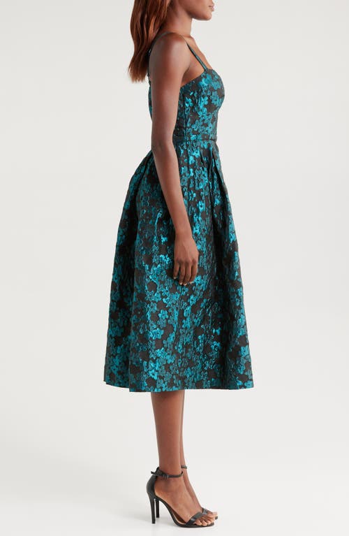 Shop Mila Mae Metallic Floral Jacquard Midi Dress In Black Teal