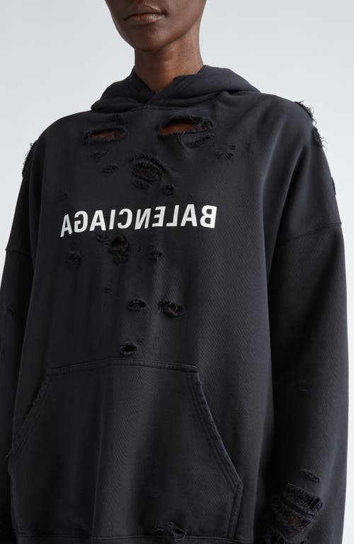 Shop Balenciaga Mirror Logo Oversized Ripped Hoodie In Faded Black/white