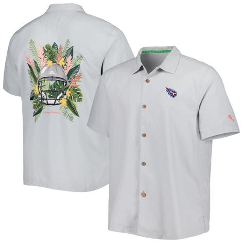 Men's Tommy Bahama Gray Tennessee Titans Coconut Point Frondly Fan Camp IslandZone Button-Up Shirt