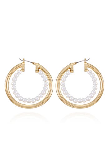 Vince Camuto Imitation Pearl Hoop Earrings In Goldtone