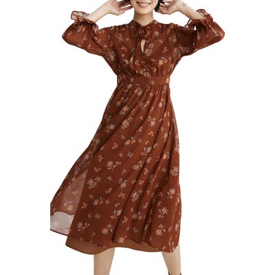 Madewell Forest Floral Tie Neck Georgette Midi Dress, Brown