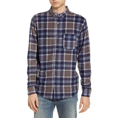 Bp. Plaid Button-Down Knit Flannel Shirt, Grey