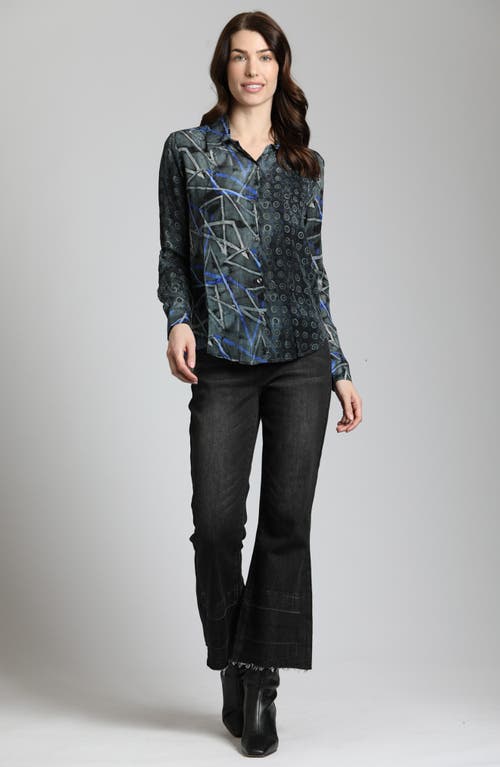 Shop Apny Print Roll Tab Sleeve Chiffon Button-up Shirt In Black Multi