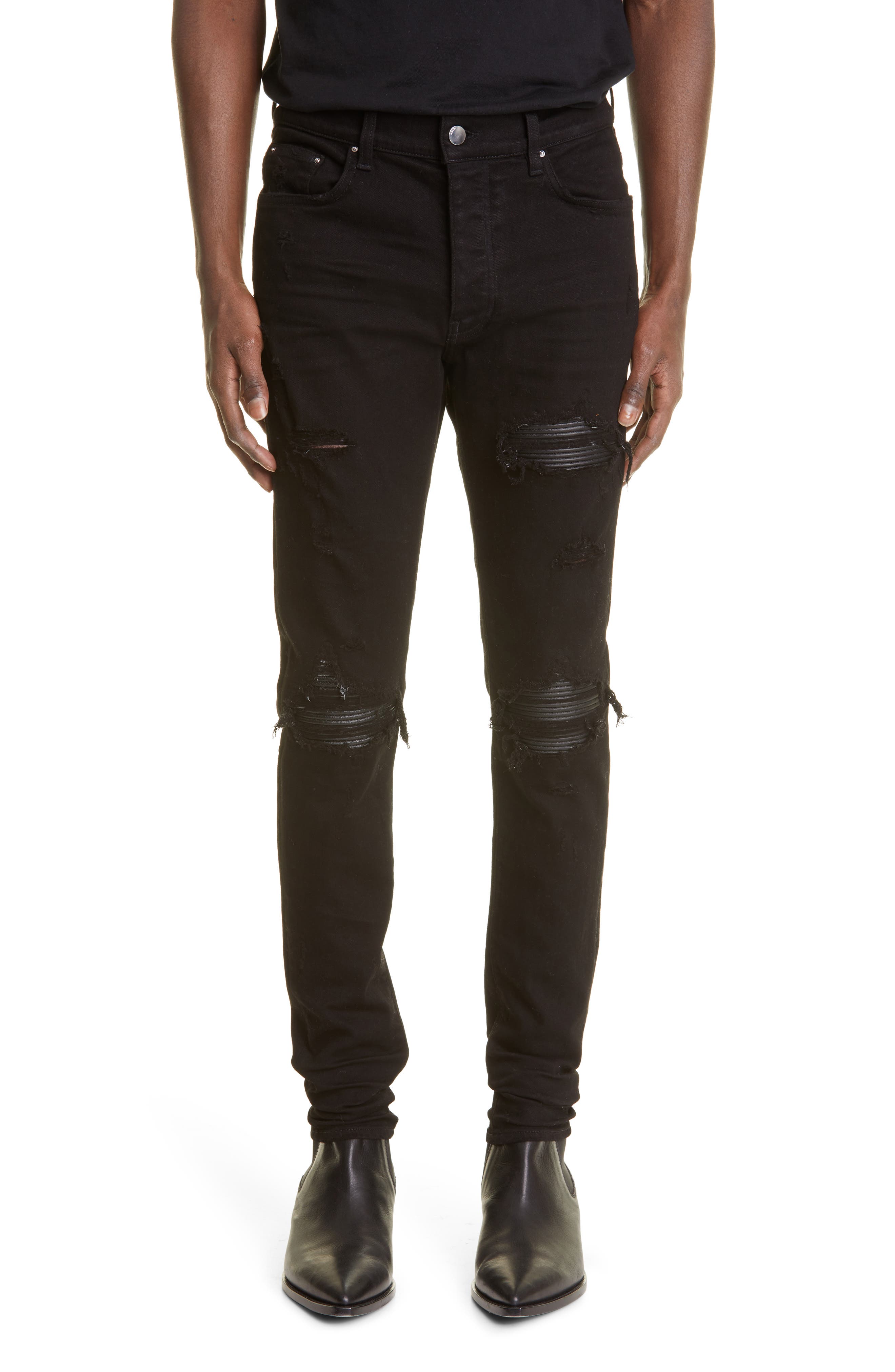 Amiri Denim Skinny Jeans With Leather Patches in Black for Men Mens Clothing Jeans Skinny jeans 