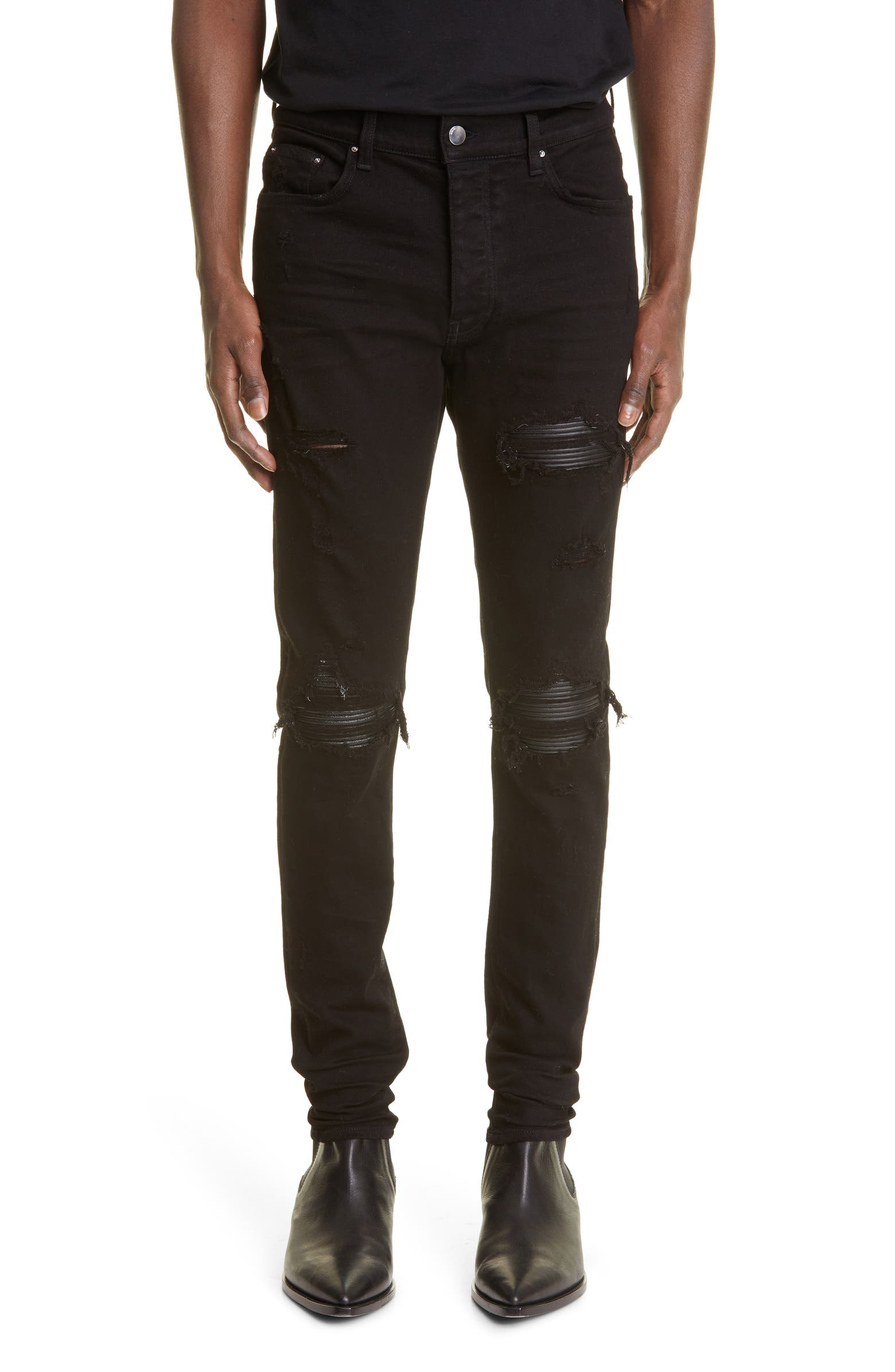 AMIRI MX1 Leather Patch Ripped Skinny Jeans | Nordstrom