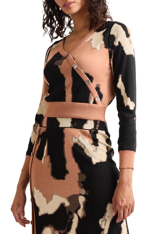 Misook Modern Fit Short Jacquard Soft Knit Sweater Top In Goldenwood/parchment/black