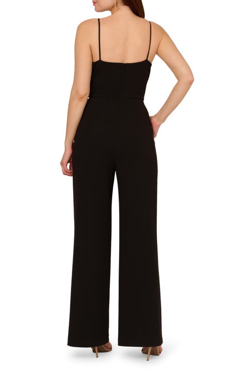 Shop Adrianna Papell Embellished Imitation Peal Trim Crepe Faux Wrap Jumpsuit In Black