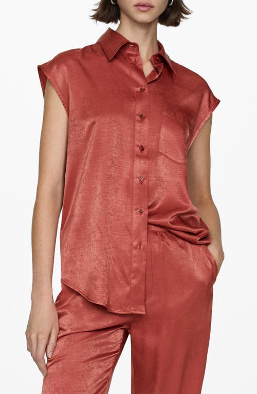 Mango Hammered Satin Cap Sleeve Button-up Shirt In Red