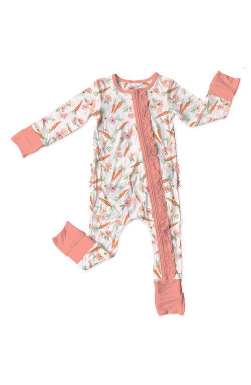 Laree + Co Lillian's Carrot Print Ruffle Convertible Zip Footie in Pink