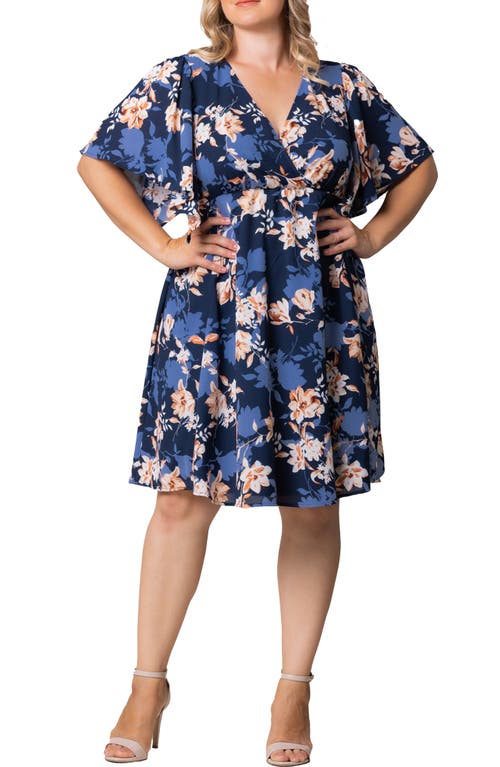 Kiyonna Florence Flutter Sleeve Dress In Blue Blossom Bliss