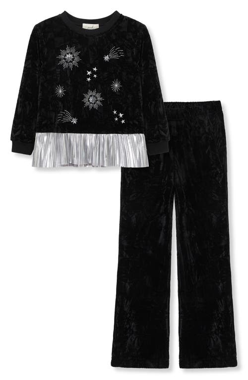 Peek Aren'T You Curious Kids' Starry Night Sequin Embroidered Peplum Top & Flare Pants Set in Black 