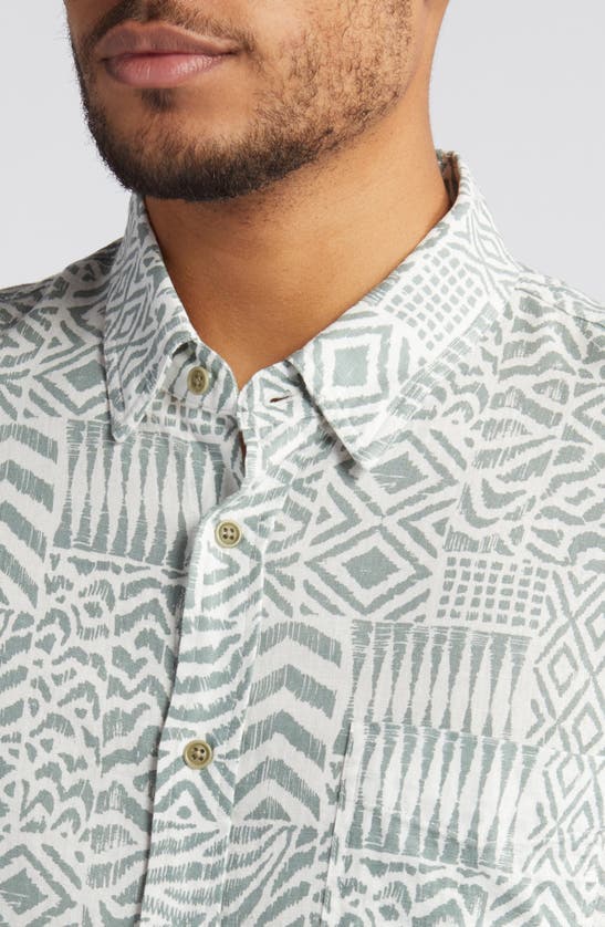 Shop Rails Carson Block Print Short Sleeve Linen Blend Button-up Shirt In Bambu Block Kalamata