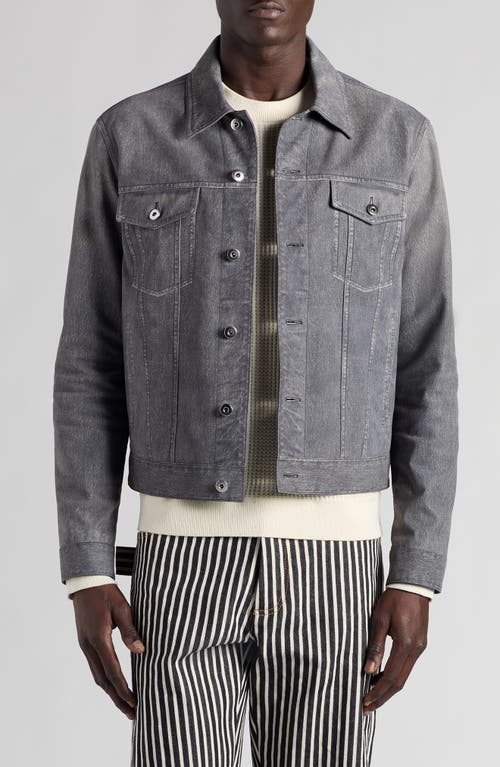 Shop Bottega Veneta Denim Print Leather Trucker Jacket In Mid Grey