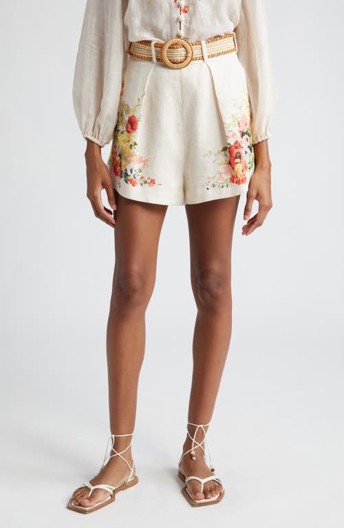 Zimmermann Alight High Waist Linen Tuck Shorts in Ivory Floral at Nordstrom, Size 0P