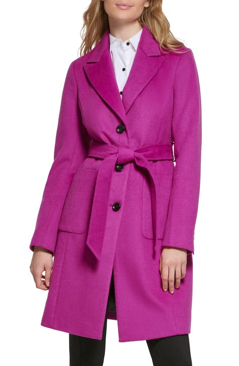 Women Hot Pink Wool Belt Long Coat Winter Cashmere Lapel Trench Overcoats  Jacket