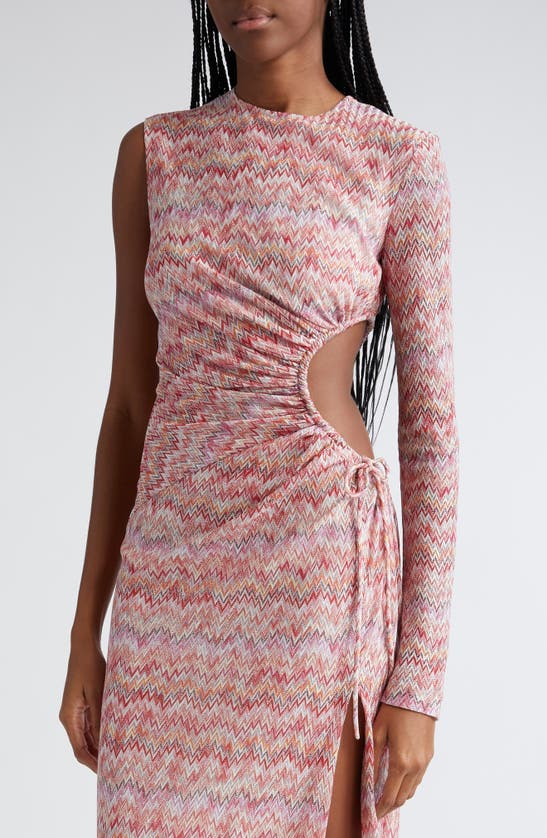 Shop Missoni Metallic One-sleeve Cutout Chevron Knit Gown In Multicolor On Pink Base