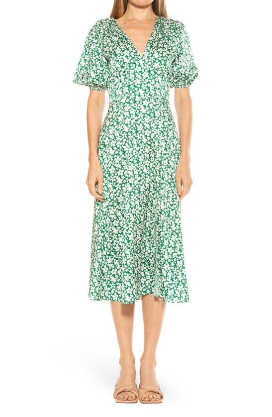 Alexia Admor V-neck Puff Sleeve Midi Dress In Green Floral | ModeSens