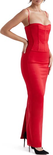 House of CB - Shani Red Satin Corset Maxi Dress • Curated By KT