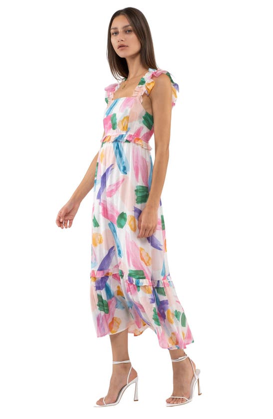 Blu Pepper Brush Stroke Ruffle Midi Sundress In White Multi