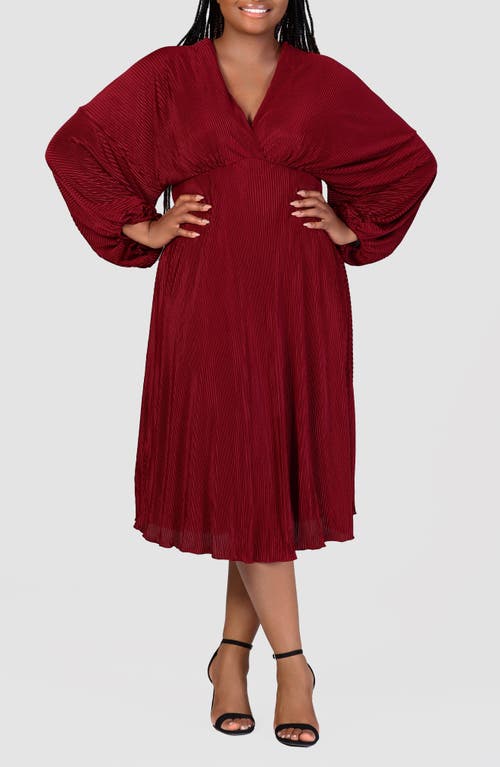 24seven Comfort Apparel Pleat Long Sleeve Fit & Flare Dress In Wine