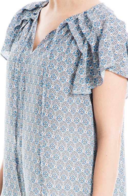 Shop Max Studio Notch Neck Flutter Sleeve Blouse In Cream/blue Geo Print