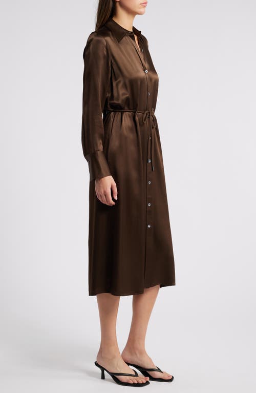 Rails Anina Tie Waist Long Sleeve Satin Midi Shirtdress In Dark Moss