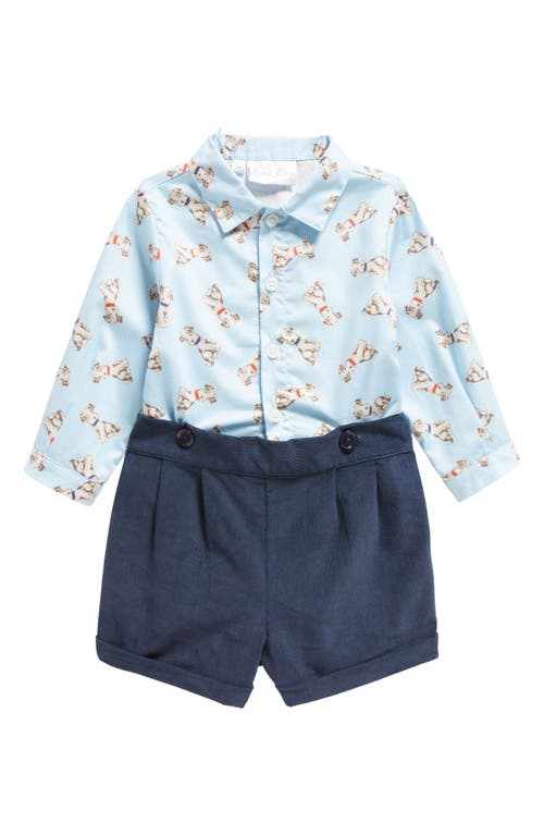 Rachel Riley Puppy Print Cotton Button-Up Shirt & Shorts Set in Blue at Nordstrom, Size 6M