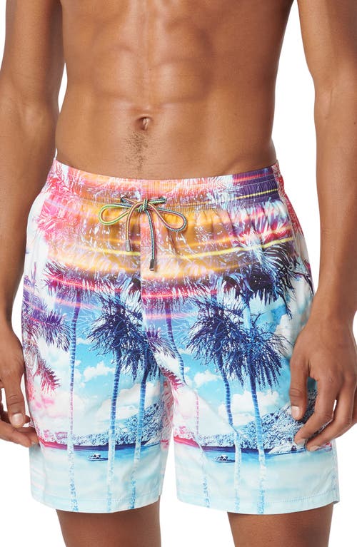 Shop Bugatchi Cosmo Swim Trunks In Blue/pink Multi