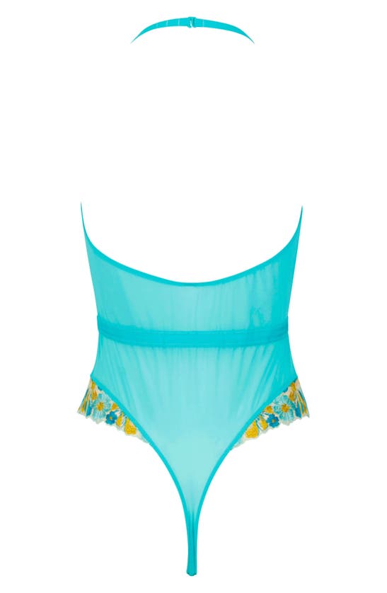Shop Love, Vera Plunge Floral Embroidered Bodysuit In Blue Curacao