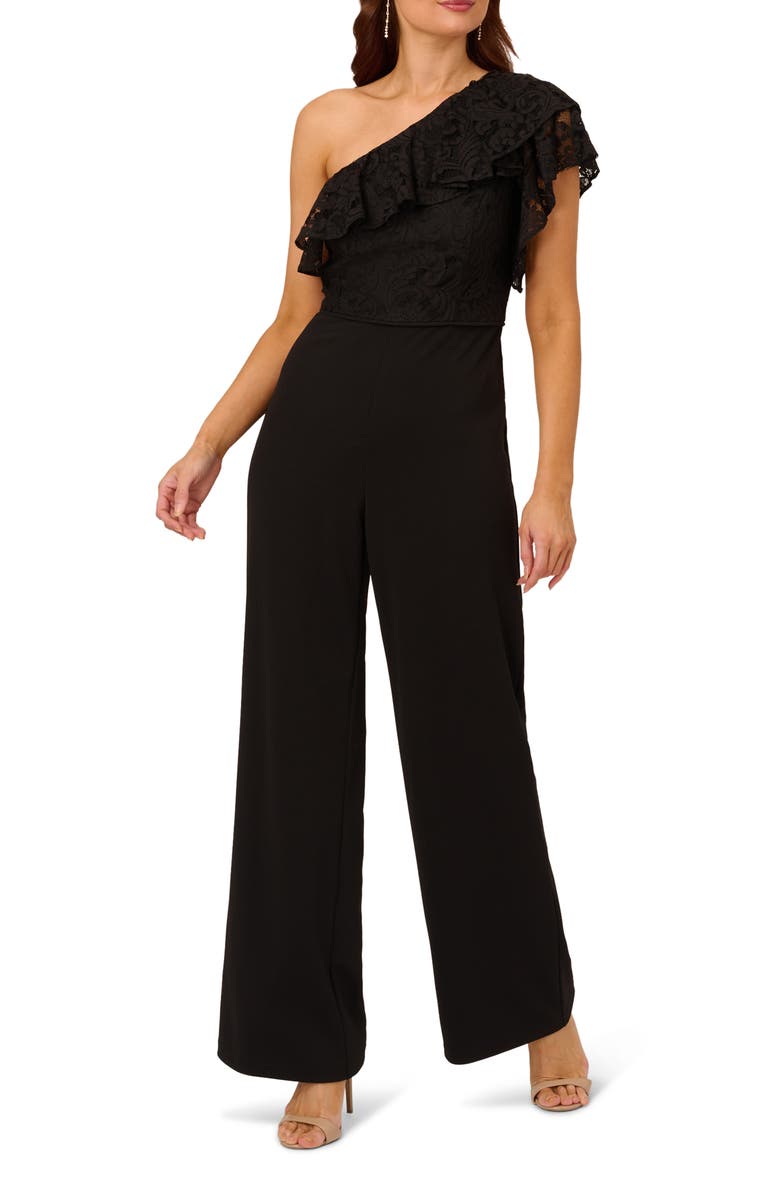 Adrianna Papell Lace Crepe Ruffle One-Shoulder Jumpsuit, Main, color, 