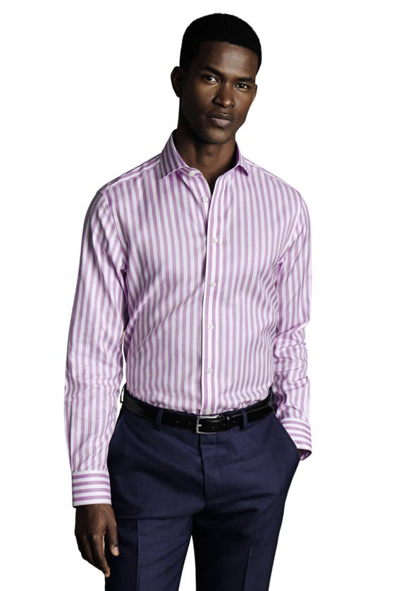 Shop Charles Tyrwhitt Wide Stripe Non-iron Twill Cutaway Slim Fit Shirt Single Cuff In Lilac Purple