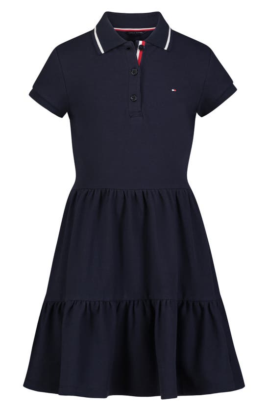Tommy Hilfiger Kids' Short Sleeve Tiered Polo Dress In Navy Blazer