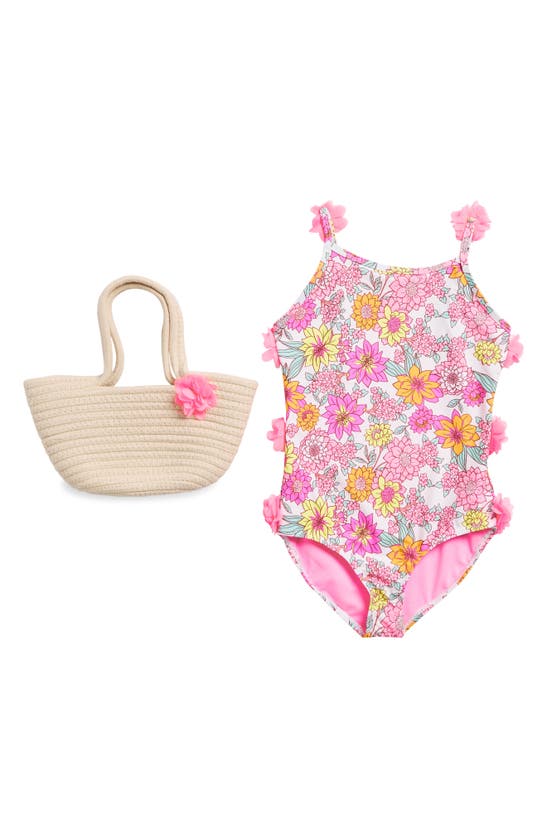 Shop Btween Kids' One-piece Swimsuit & Bag Set In Floral Multi
