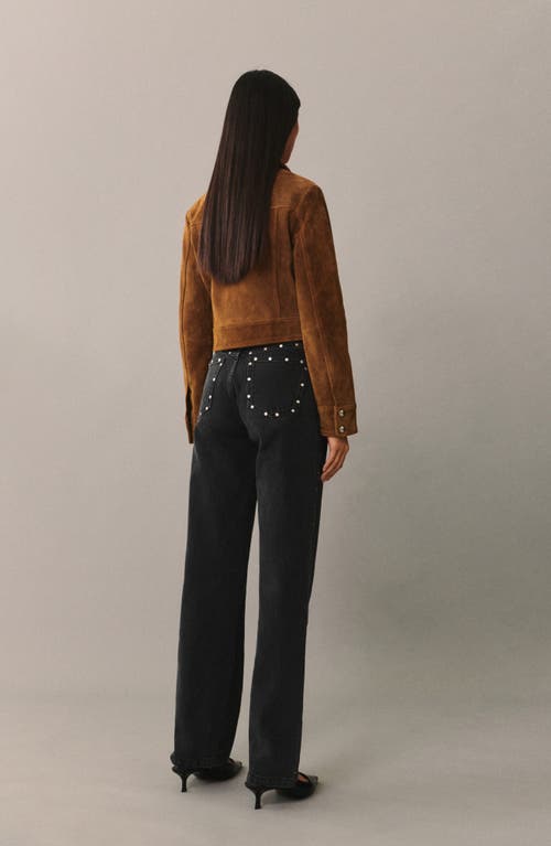 Shop Mango Billie Stud Straight Leg Jeans<br /> In Black Denim