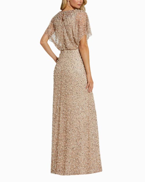 Mac Duggal Beaded Mesh Gown With Shawl In Nude Gold