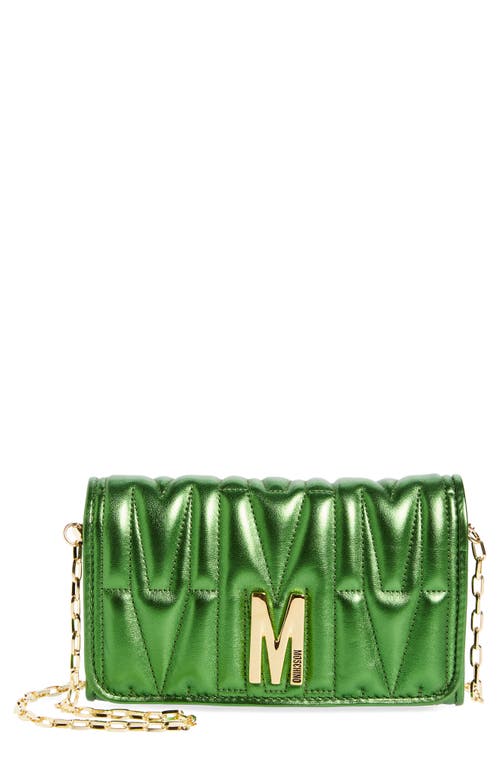 Moschino Medium M Logo Quilted Metallic Leather Shoulder Bag in Green
