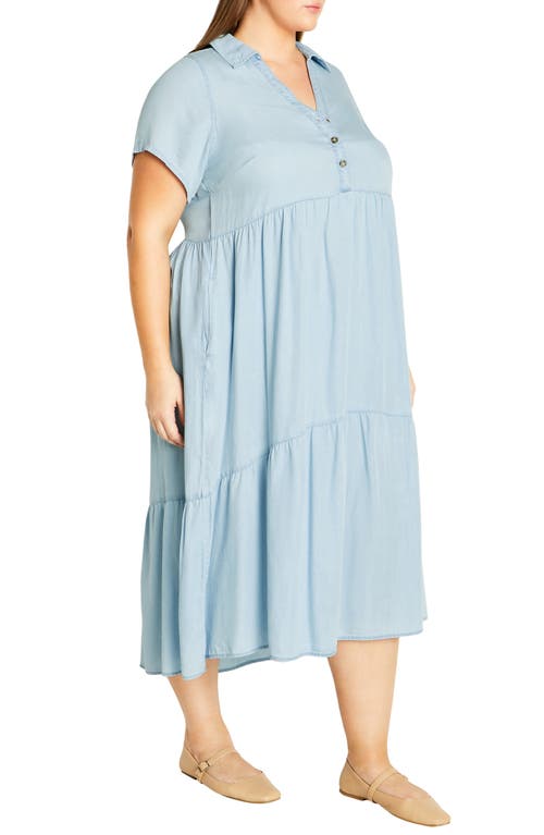 Shop City Chic Shyla Tiered Chambray Midi Shirtdress In Light Wash