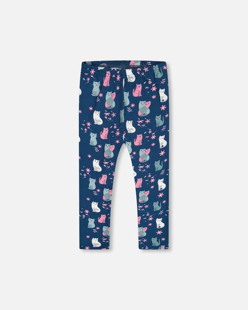 Shop Deux Par Deux Girl's Printed Leggings Navy Blue With Kitten In Printed Cats