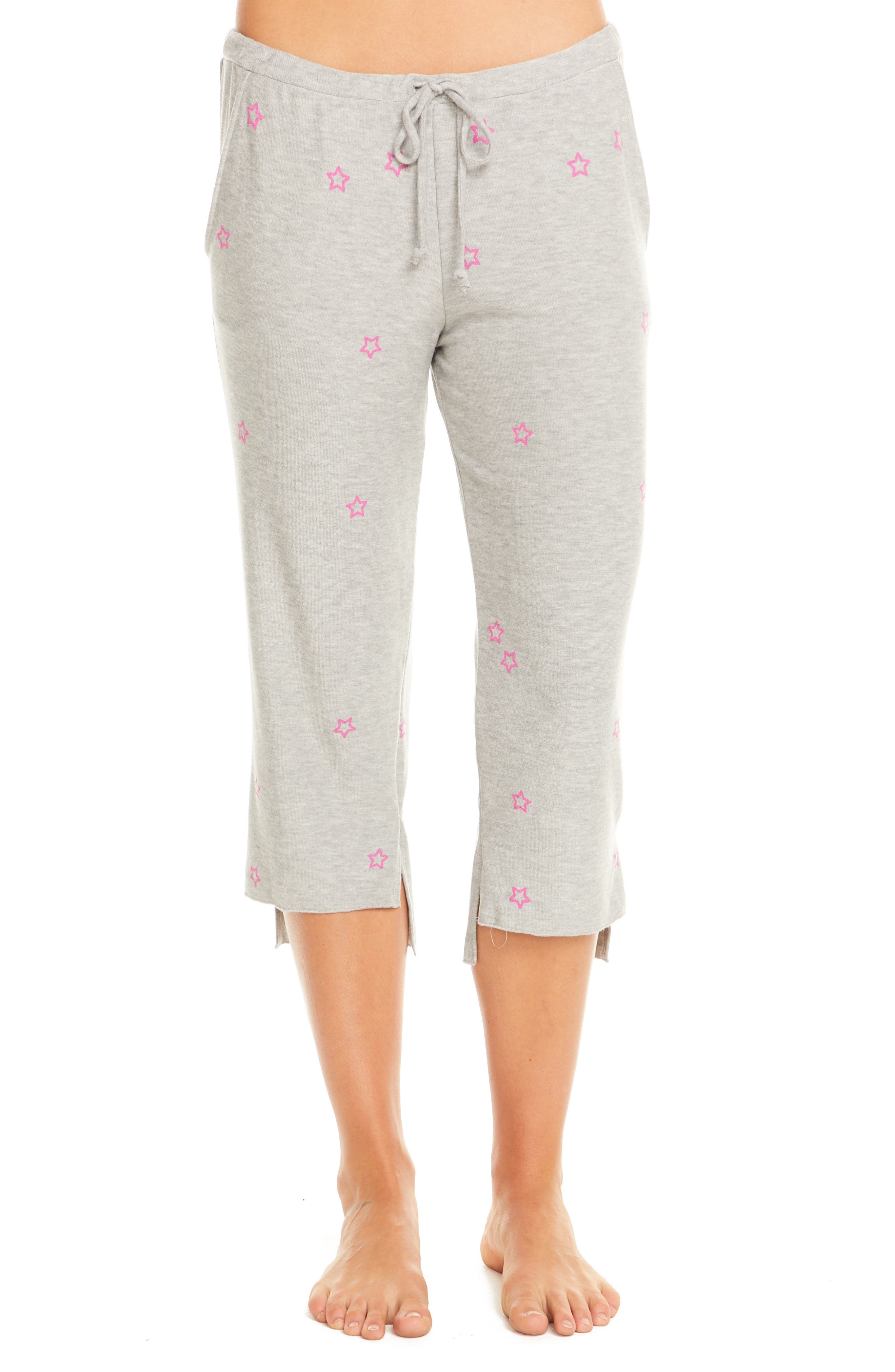 Chaser Pink Stars Cozy Knit Lounge Capri Pants, Grey