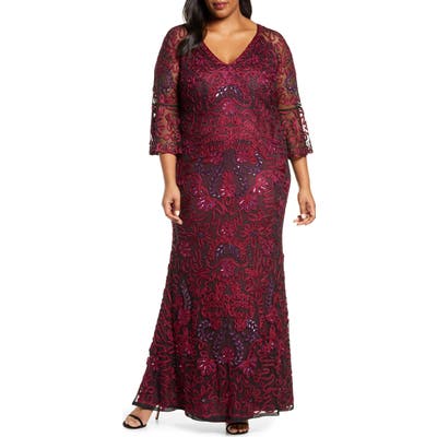 Plus Size Js Collections Bell Sleeve Bead & Soutache Gown, Red