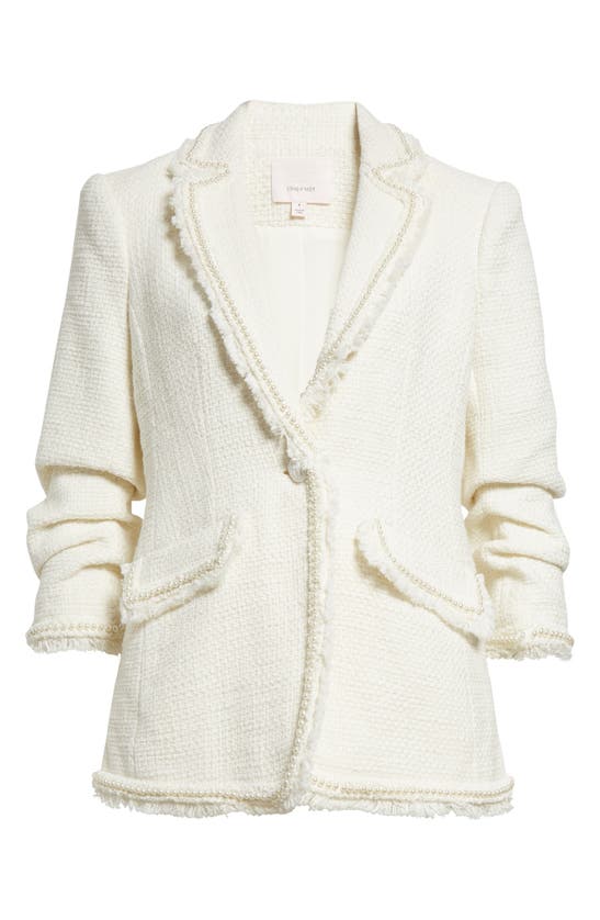 Shop Cinq À Sept Khloe Imitation Pearl Cotton Tweed Blazer In Ivory