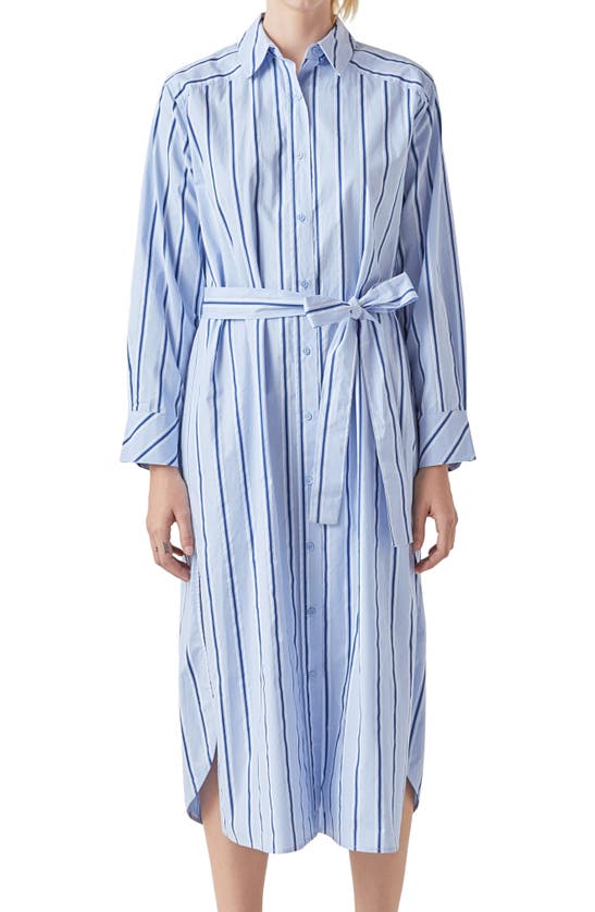 Shop Grey Lab Stripe Long Sleeve Maxi Shirtdress In Powder Blue/ Navy