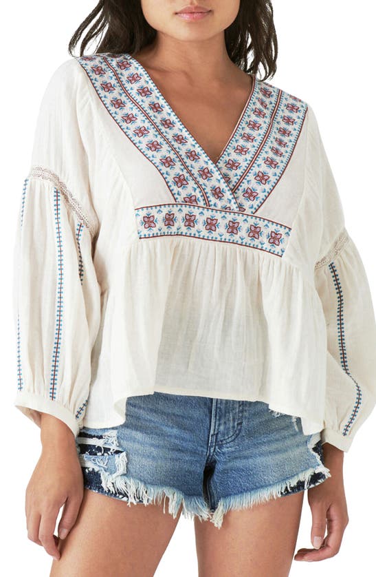 LUCKY BRAND EMBROIDERED COTTON PEASANT BLOUSE