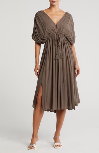 Wishlist Dolman Sleeve Tie Waist Midi Dress In Olive