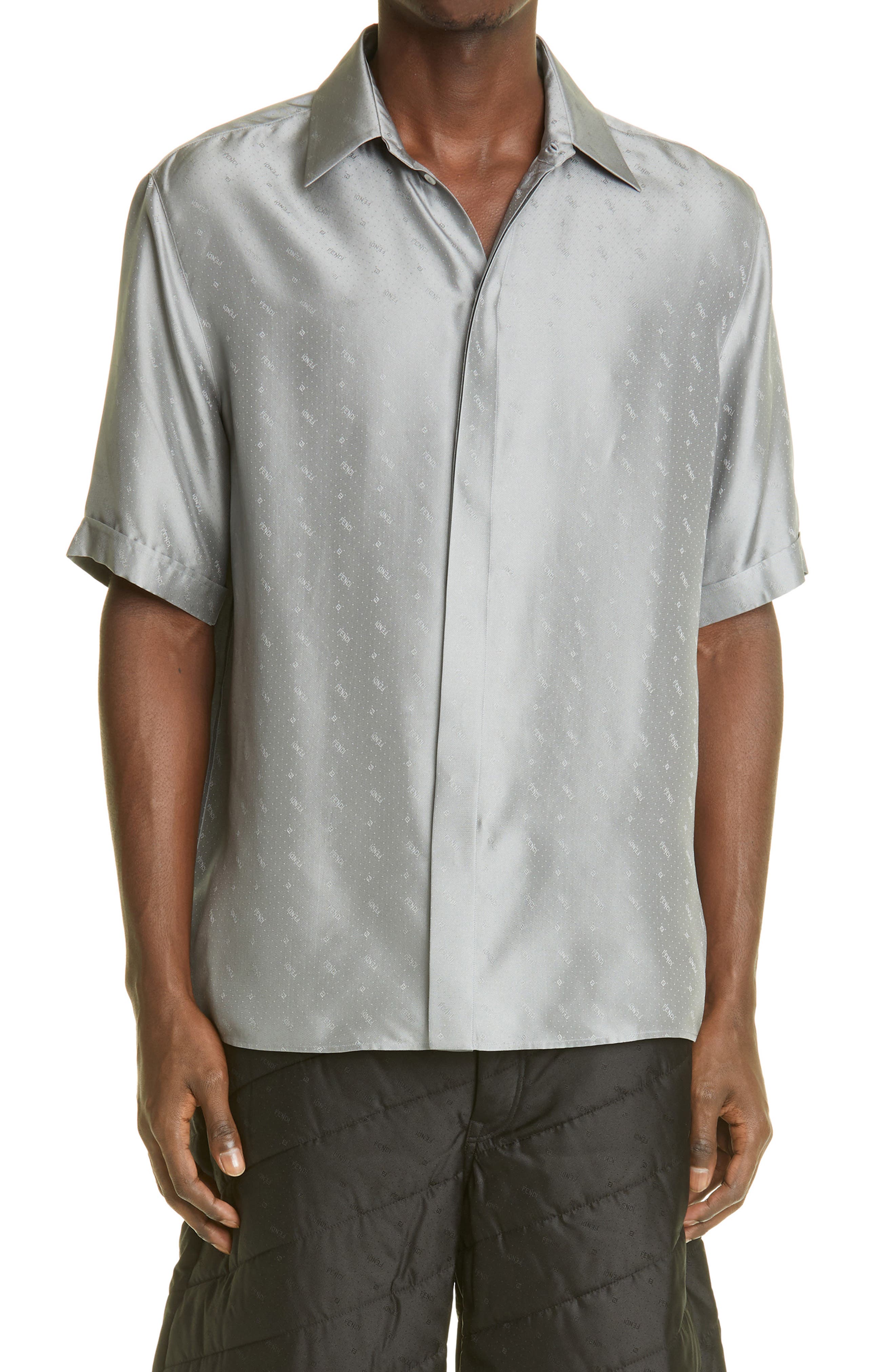 Fendi Sky Logo Short Sleeve Jacquard Silk Button-Up Shirt in Silver at Nordstrom, Size 38 Eu