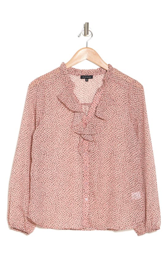 Pleione Ruffle Long Sleeve Button Front Blouse In Blush Black Cream Multi Dot