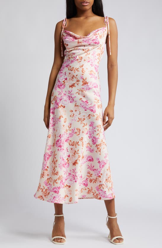 Shop Wayf The Beverly Cowl Neck Midi Dress In Apricot Roses