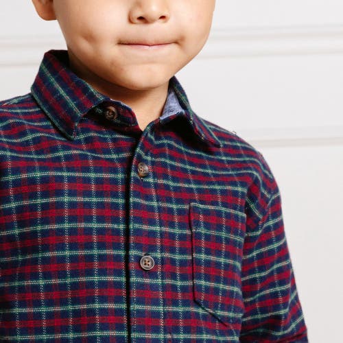 Shop Hope & Henry Boys' Organic Flannel Shirt With Elbow Patches, Kids In Navy Holiday Check