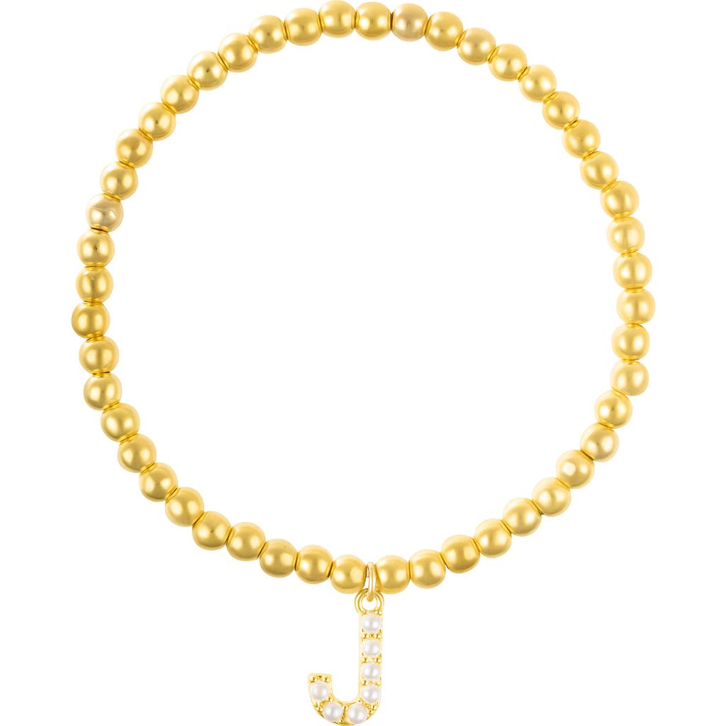 Adornia Faux Pearl Initial Charm Beaded Bracelet In Gold White-j