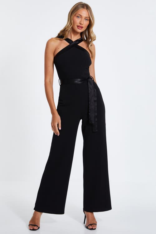 Shop Quiz Scuba Crepe Halter Jumpsuit With Satin Trim In Black